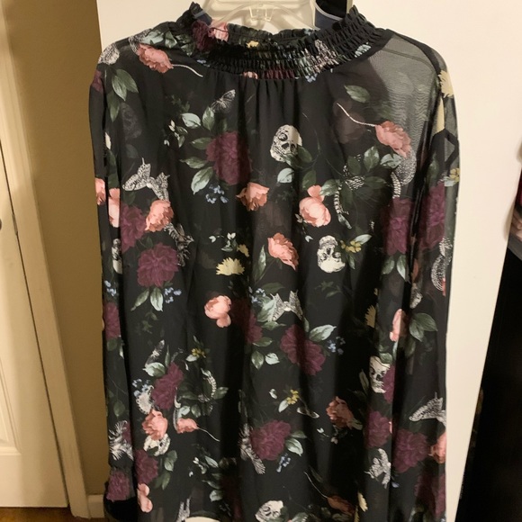 BLACK FLORAL CHIFFON SMOCKED MOCK NECK BLOUSE - Picture 6 of 10